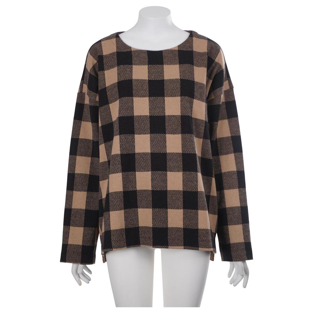 NWT J. Jill Top XL Petite Camel Brown Black Buffalo Check Pullover Casual Cotton